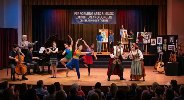 Illustration of students performing arts and music