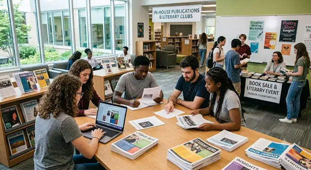Illustration of students reading and writing